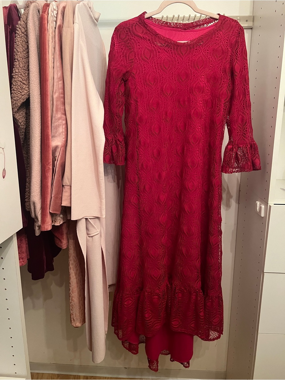 Women's Hot Pink Lace High-Low Dress with Ruffle Hem